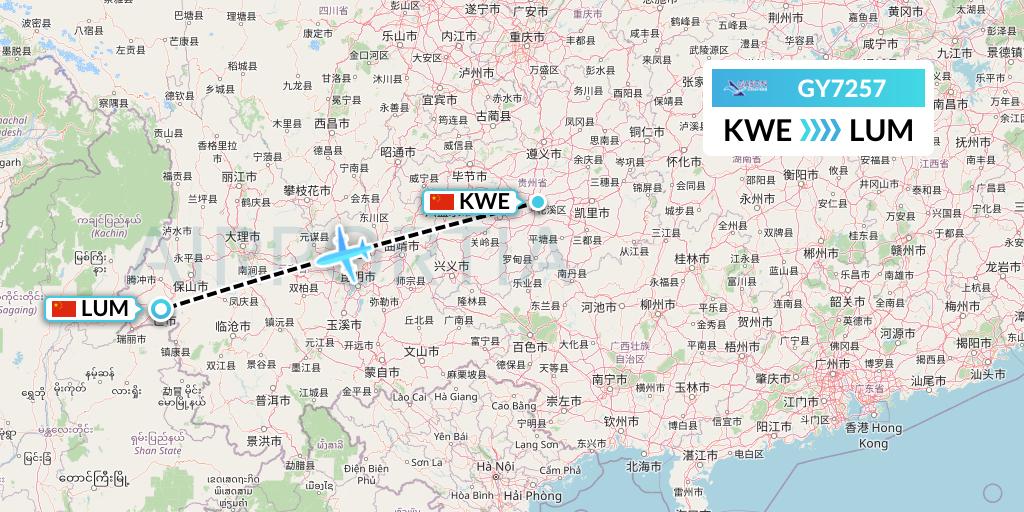 GY7257 Colorful GuiZhou Airlines Flight Map: Guiyang to Mangshi