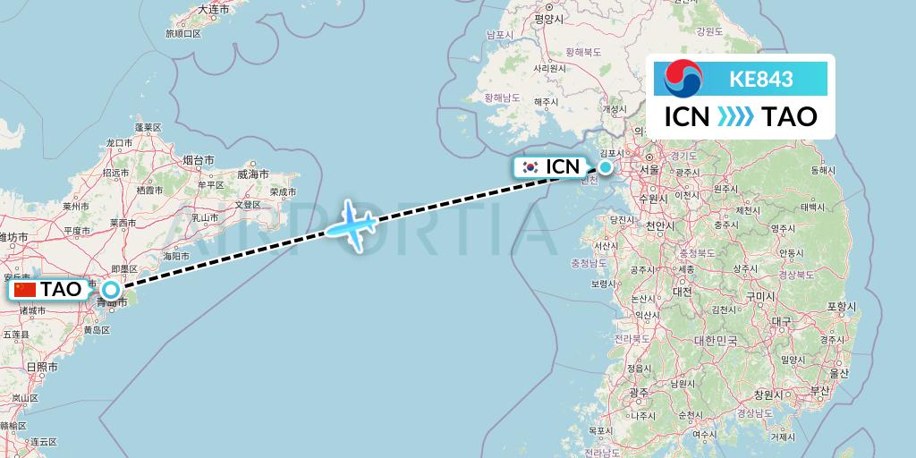 KE843 Korean Air Flight Map: Seoul to Qingdao