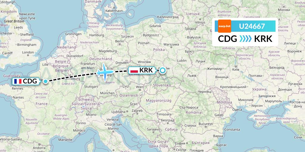 U24667 EasyJet Flight Map: Paris to Krakow