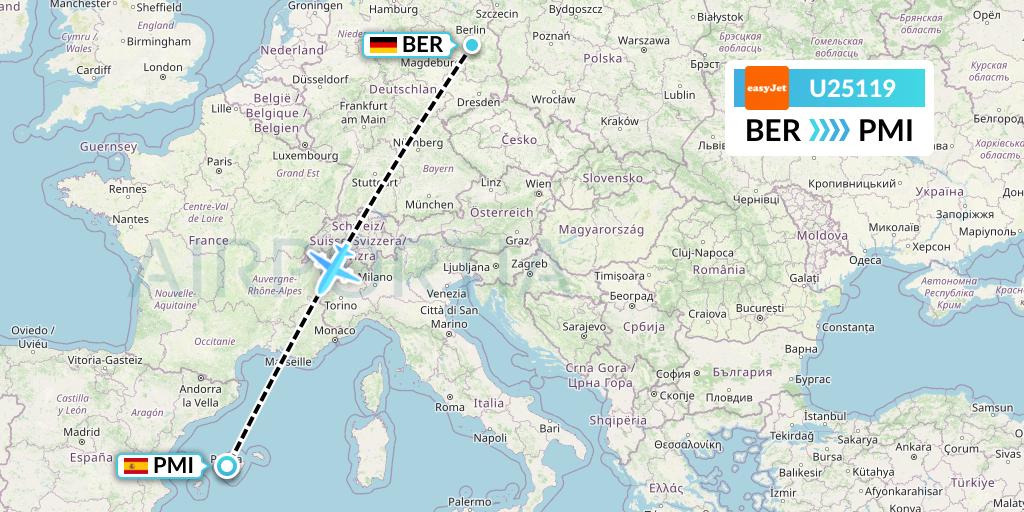 U25119 EasyJet Flight Map: Berlin to Palma de Mallorca