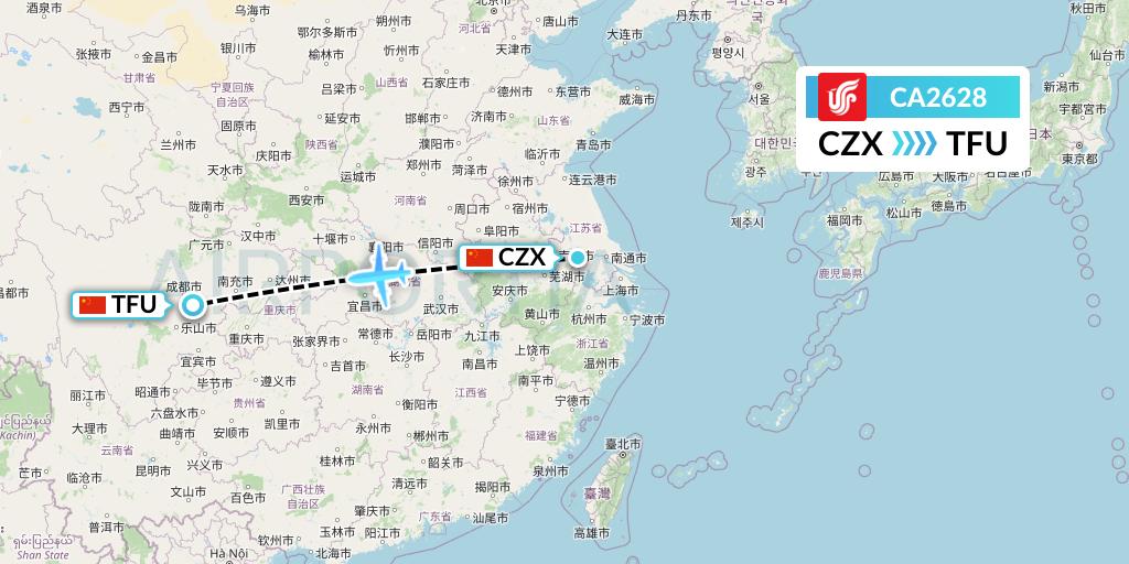 CA2628 Air China Flight Map: Changzhou to Chengdu