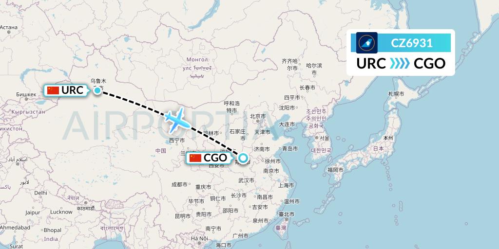 CZ6931 China Southern Airlines Flight Map: Urumqi to Zhengzhou
