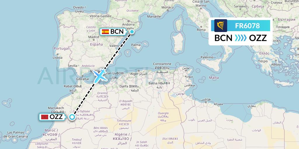 FR6078 Ryanair Flight Map: Barcelona to Ouarzazate