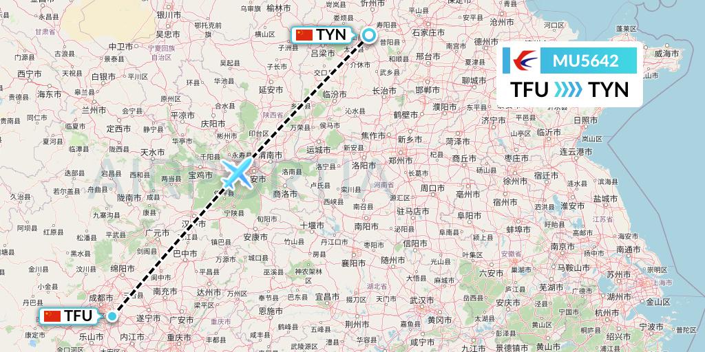 MU5642 China Eastern Airlines Flight Map: Chengdu to Taiyuan