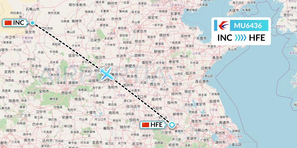 MU6436 China Eastern Airlines Flight Map: Yinchuan to Hefei