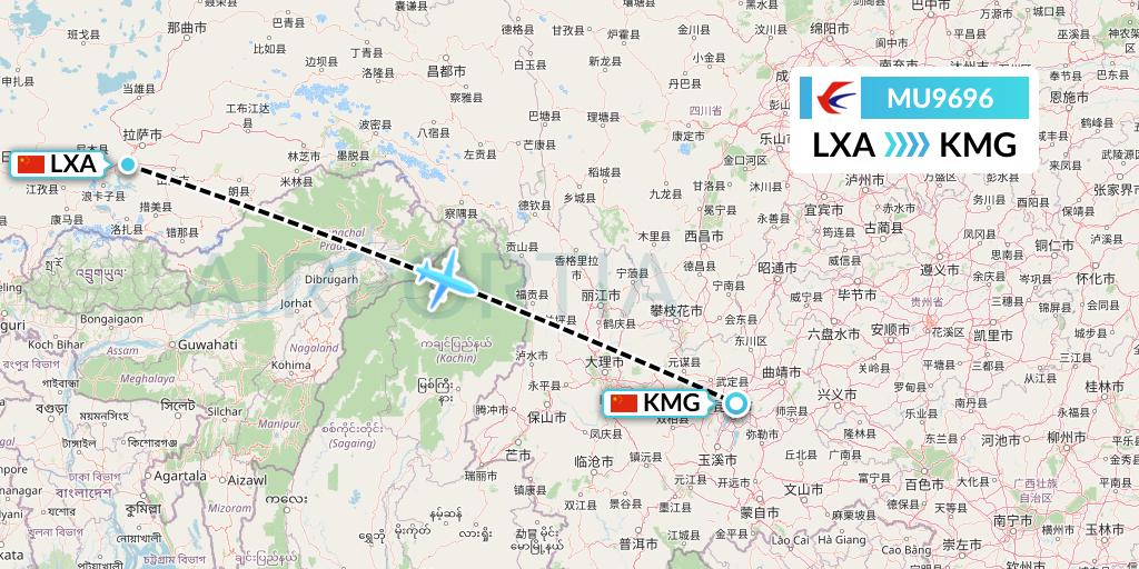 MU9696 China Eastern Airlines Flight Map: Lhasa to Kunming