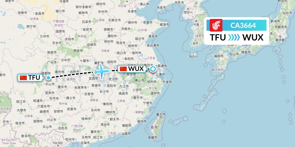 CA3664 Air China Flight Map: Chengdu to Wuxi