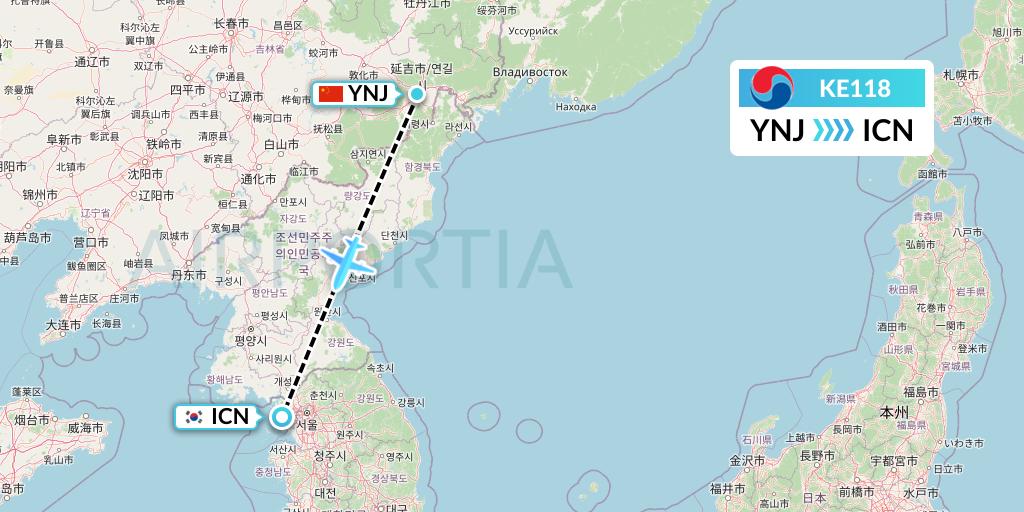 KE118 Korean Air Flight Map: Yanji to Seoul