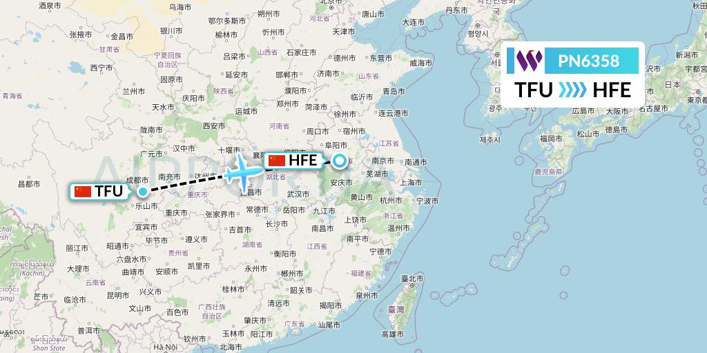 PN6358 China West Air Flight Map: Chengdu to Hefei