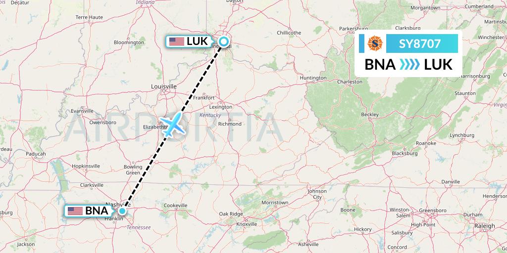 SY8707 Sun Country Airlines Flight Map: Nashville to Cincinnati