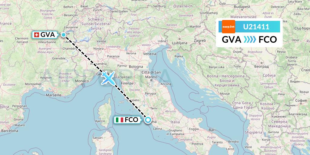 U21411 EasyJet Flight Map: Geneva to Rome