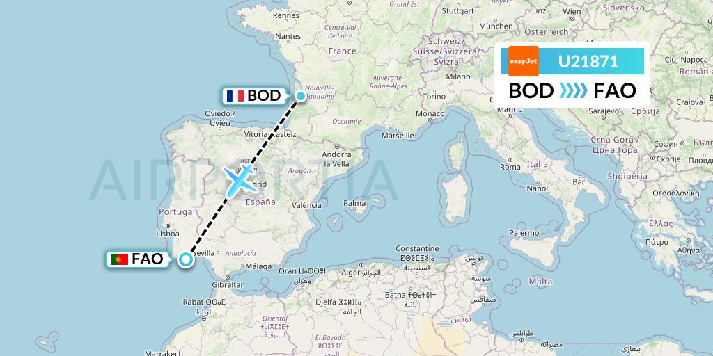 U21871 EasyJet Flight Map: Bordeaux to Faro