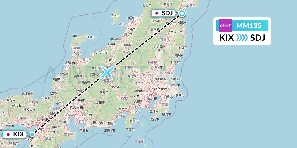 MM135 Peach Aviation Flight Map: Osaka to Sendai