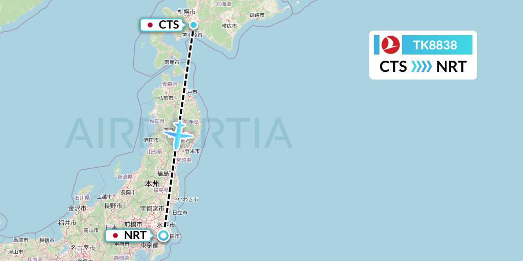 TK8838 Turkish Airlines Flight Map: Sapporo to Tokyo