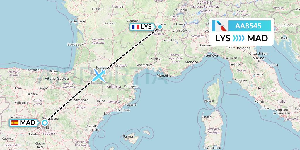 AA8545 American Airlines Flight Map: Lyon to Madrid