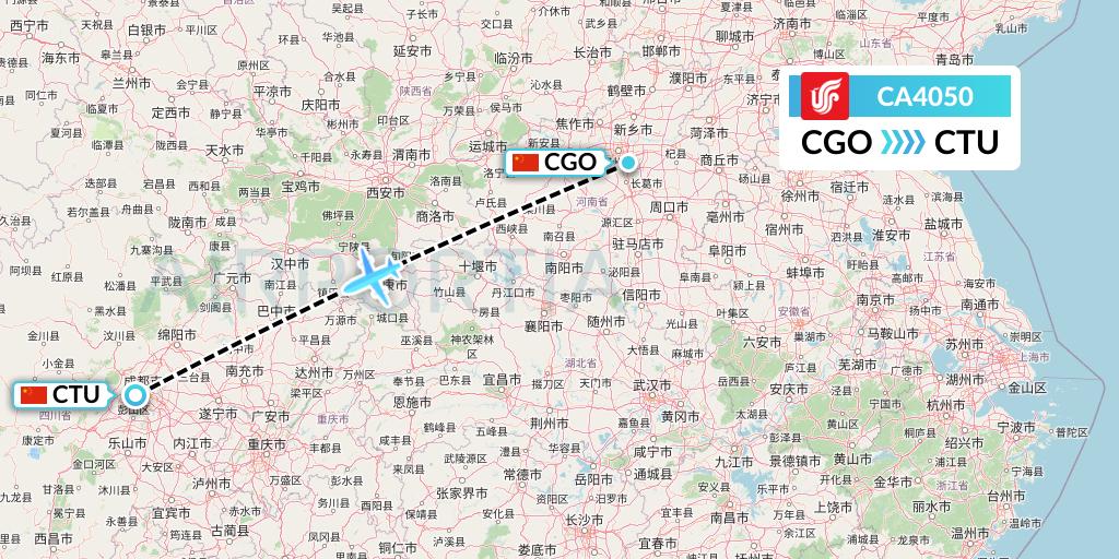 CA4050 Air China Flight Map: Zhengzhou to Chengdu