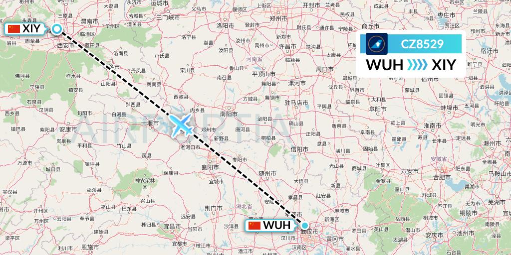 CZ8529 China Southern Airlines Flight Map: Wuhan to Xi'an