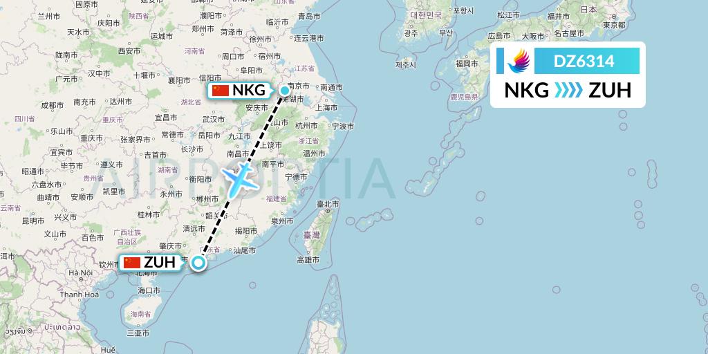 DZ6314 Donghai Airlines Flight Map: Nanjing to Zhuhai