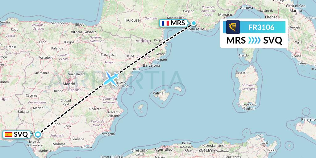 FR3106 Ryanair Flight Map: Marseille to Seville