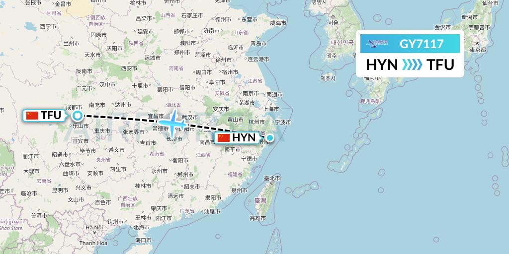 GY7117 Colorful GuiZhou Airlines Flight Map: Huangyan to Chengdu
