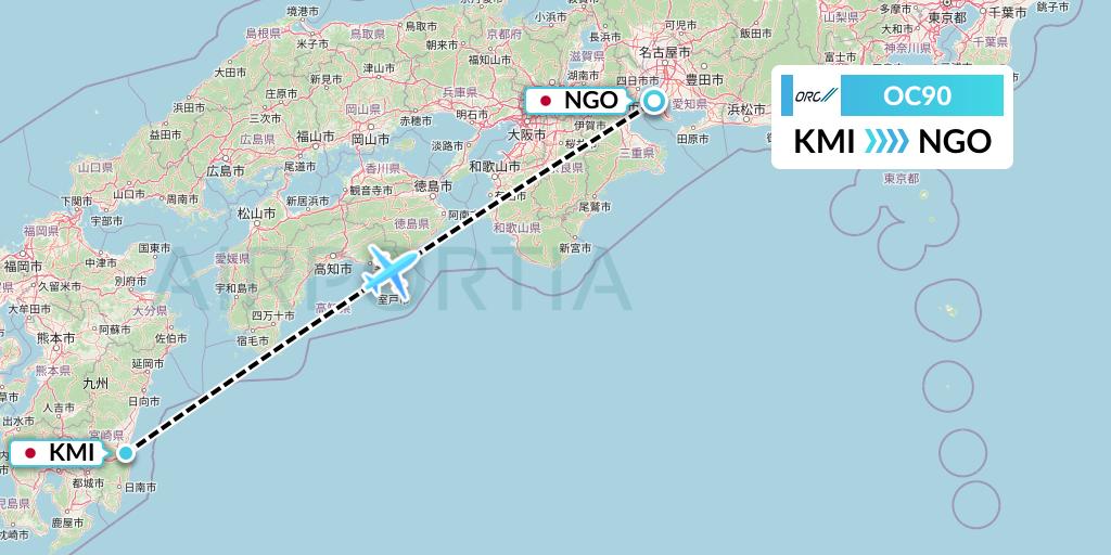 OC90 Oriental Air Bridge Flight Map: Miyazaki to Nagoya