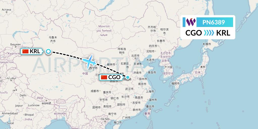 PN6389 China West Air Flight Map: Zhengzhou to Korla