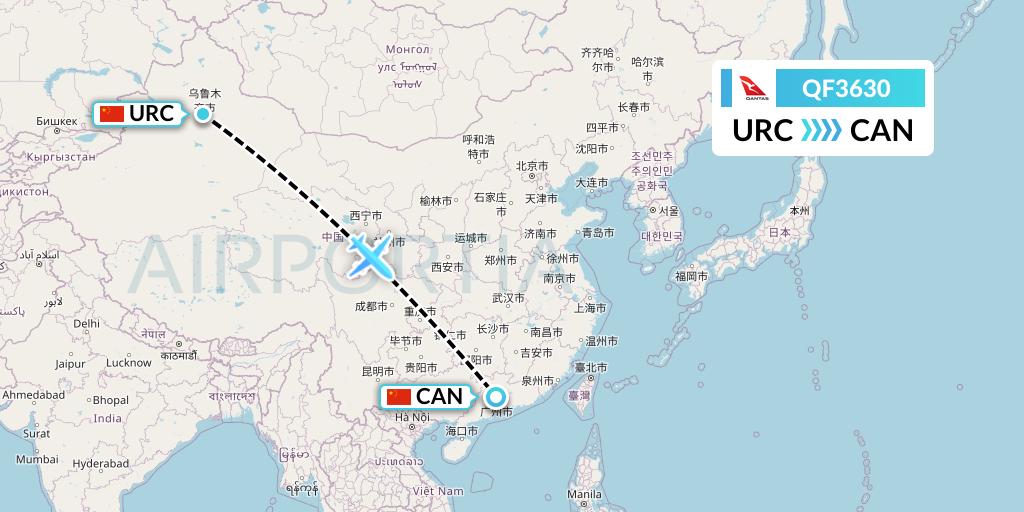 QF3630 Qantas Flight Map: Urumqi to Guangzhou