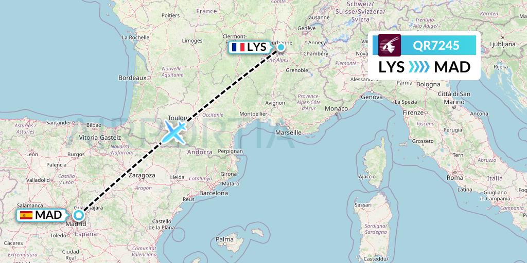 QR7245 Qatar Airways Flight Map: Lyon to Madrid