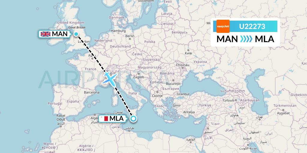 U22273 EasyJet Flight Map: Manchester to Malta