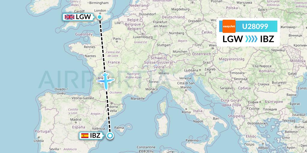 U28099 EasyJet Flight Map: London to Ibiza