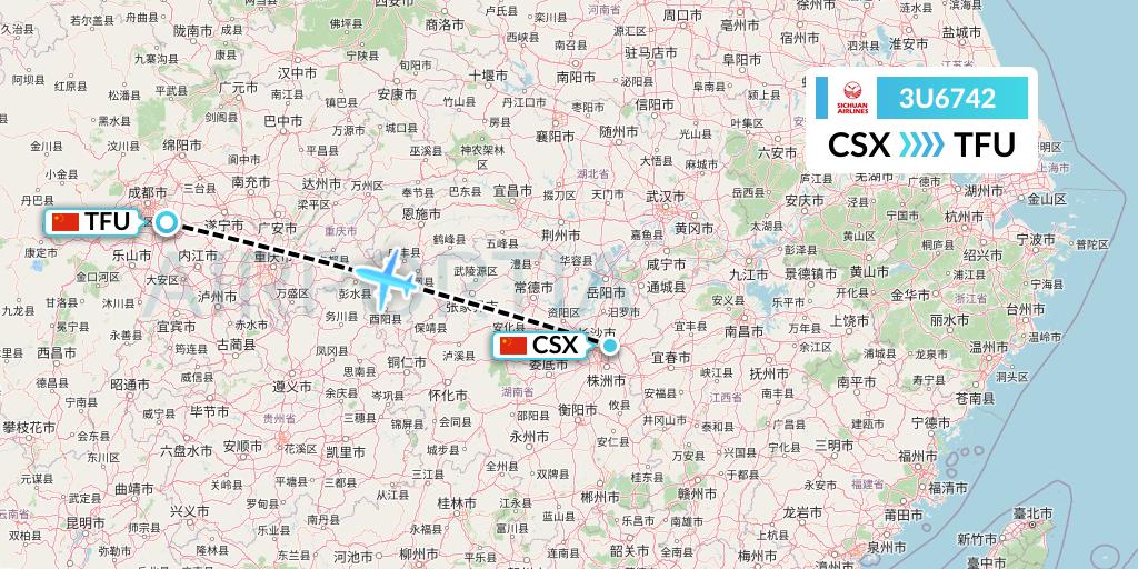 3U6742 Sichuan Airlines Flight Map: Changsha to Chengdu