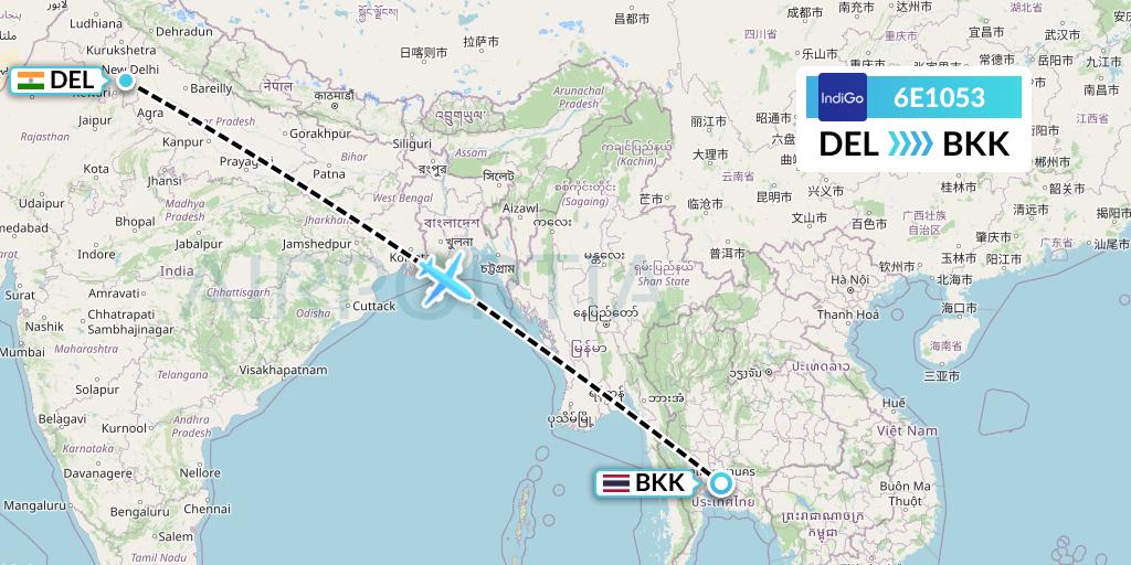 6E1053 IndiGo Airlines Flight Map: Delhi to Bangkok