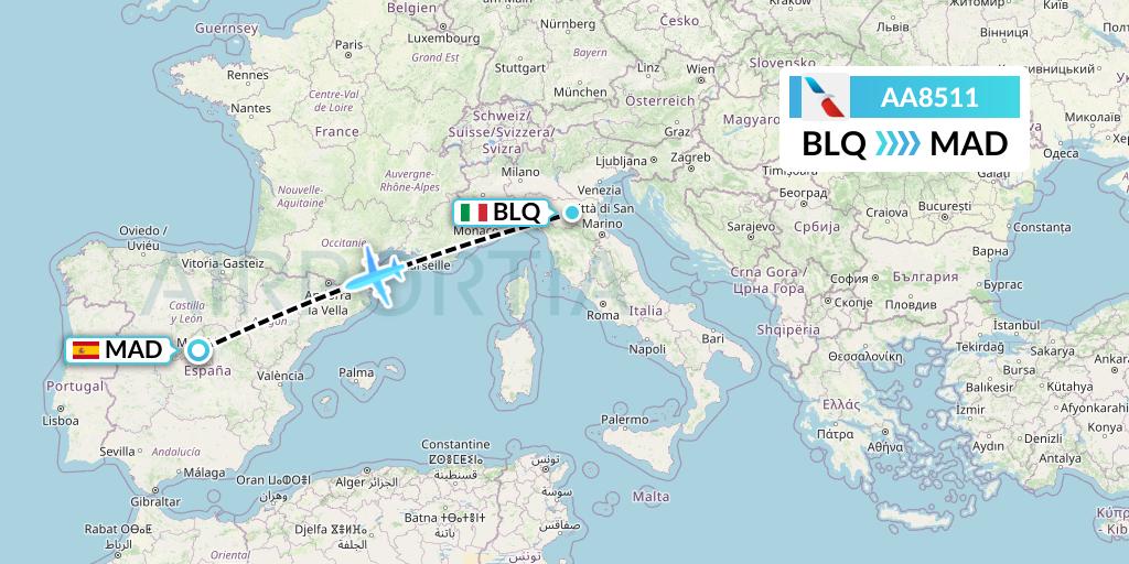 AA8511 American Airlines Flight Map: Bologna to Madrid