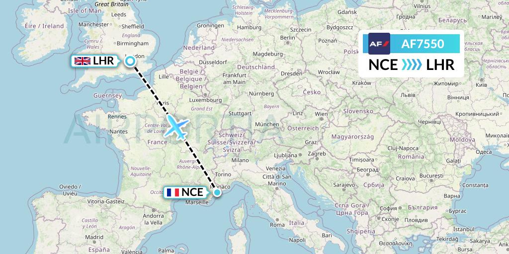 AF7550 Air France Flight Map: Nice to London