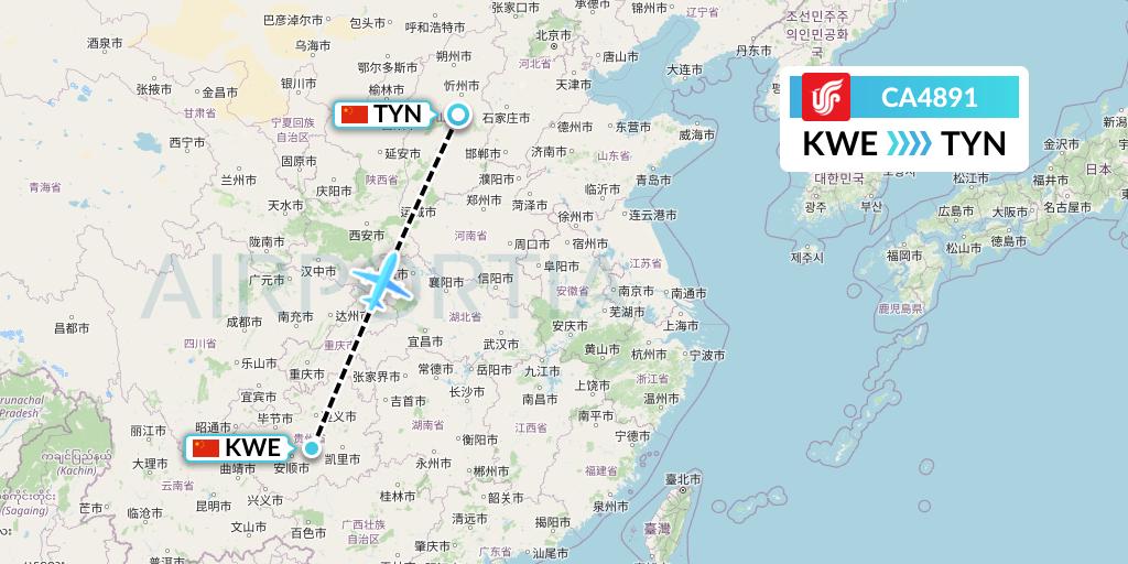 CA4891 Air China Flight Map: Guiyang to Taiyuan