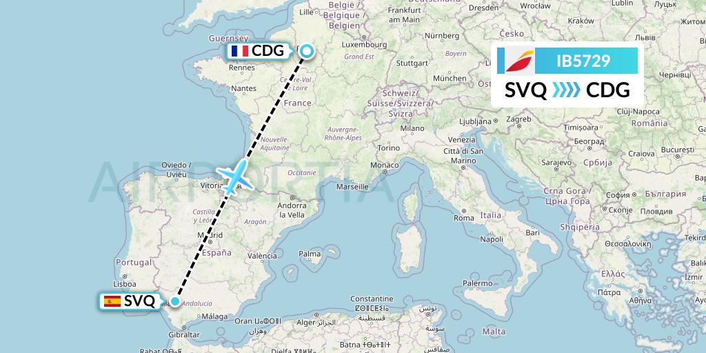 IB5729 Iberia Flight Map: Seville to Paris