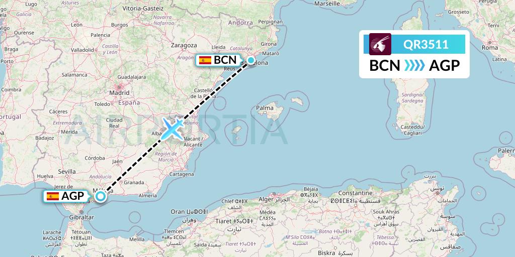 QR3511 Qatar Airways Flight Map: Barcelona to Malaga