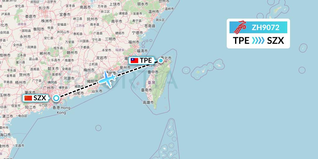 ZH9072 Shenzhen Airlines Flight Map: Taipei to Shenzhen