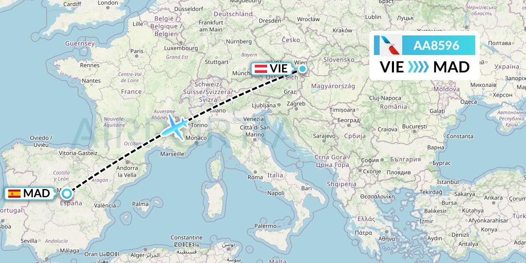 AA8596 American Airlines Flight Map: Vienna to Madrid