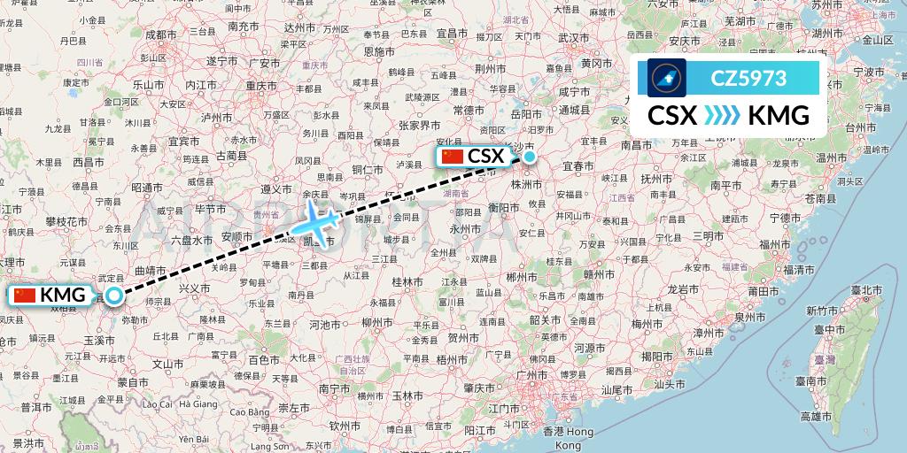 CZ5973 China Southern Airlines Flight Map: Changsha to Kunming