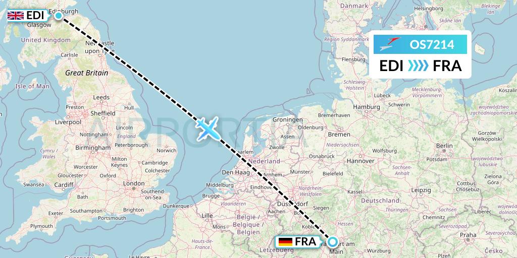 OS7214 Austrian Airlines Flight Map: Edinburgh to Frankfurt