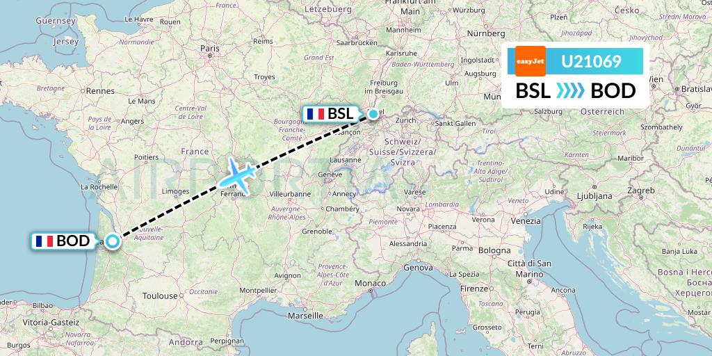 U21069 EasyJet Flight Map: Basel to Bordeaux
