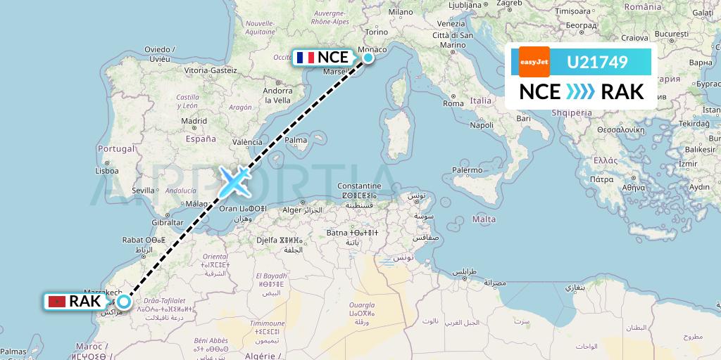 U21749 EasyJet Flight Map: Nice to Marrakesh 