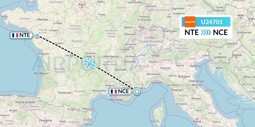 U24701 EasyJet Flight Map: Nantes to Nice