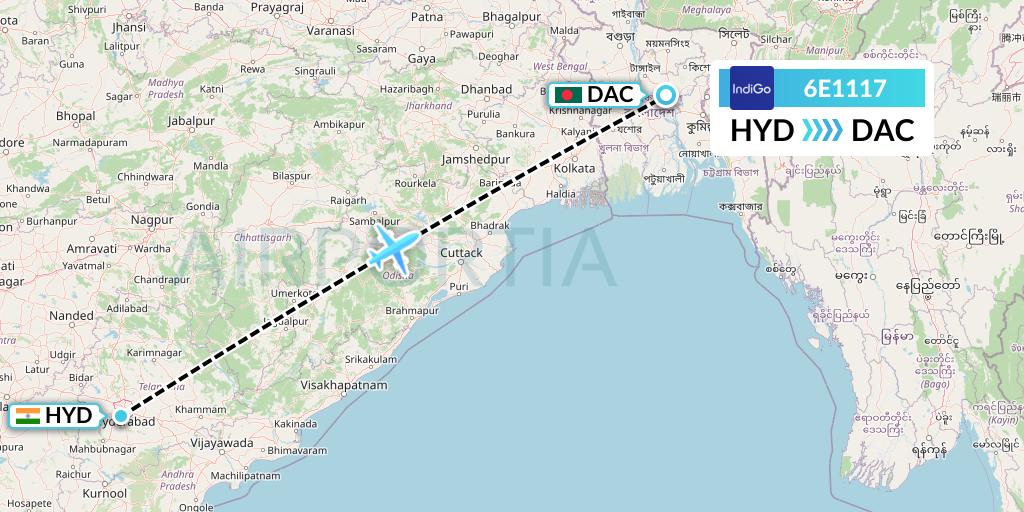 6E1117 IndiGo Airlines Flight Map: Hyderabad to Dhaka