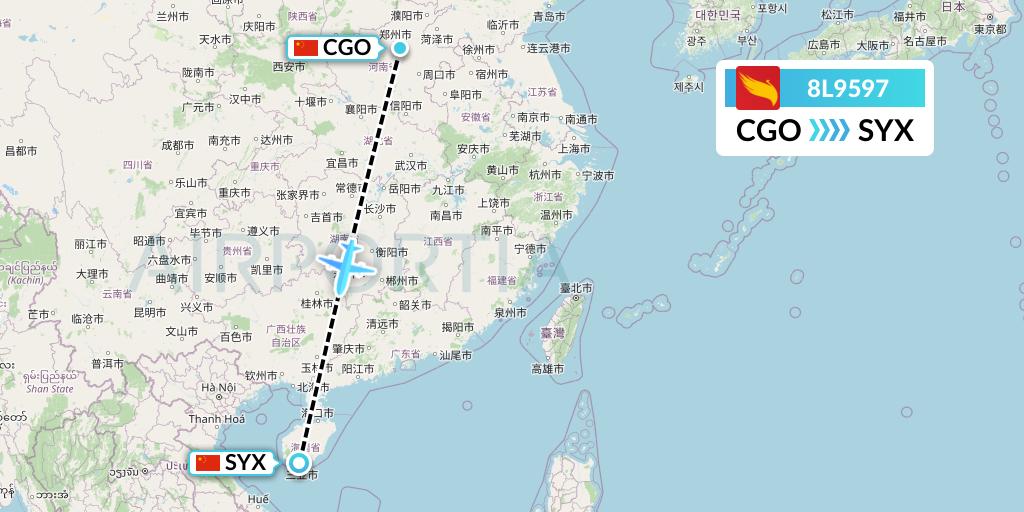 8L9597 Lucky Air Flight Map: Zhengzhou to Sanya
