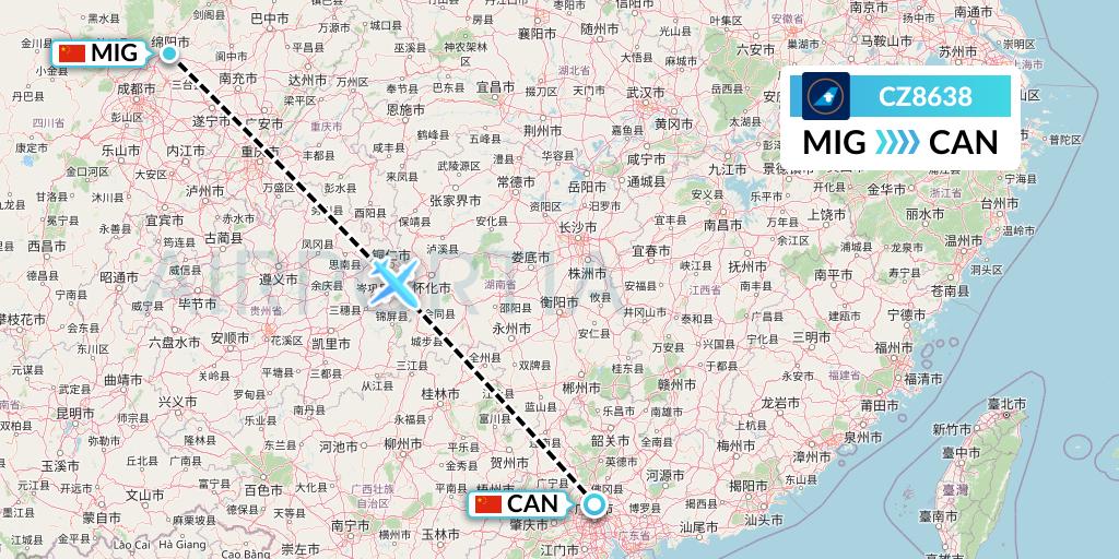 CZ8638 China Southern Airlines Flight Map: Mianyang to Guangzhou