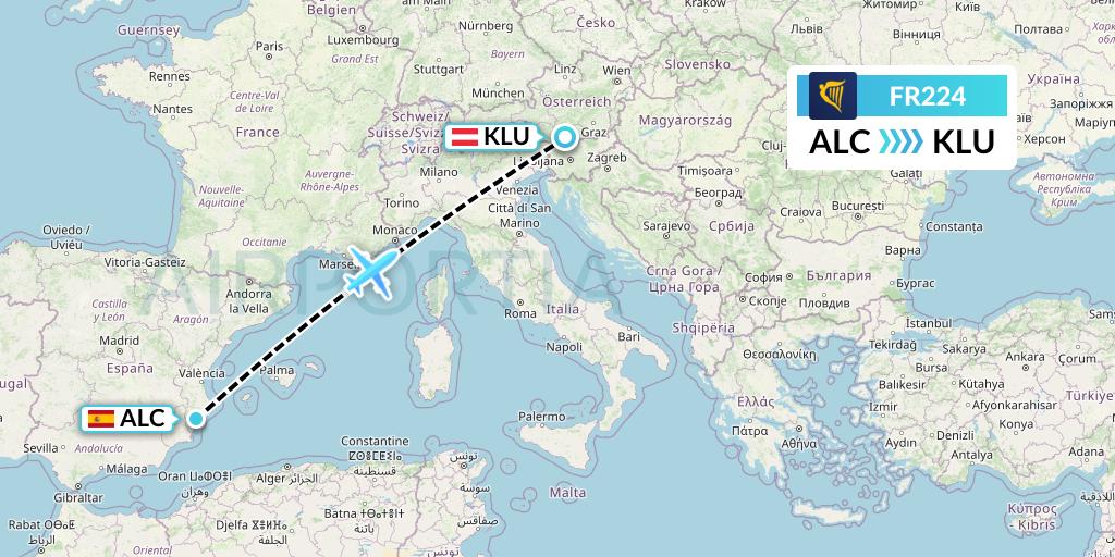 FR224 Ryanair Flight Map: Alicante to Klagenfurt