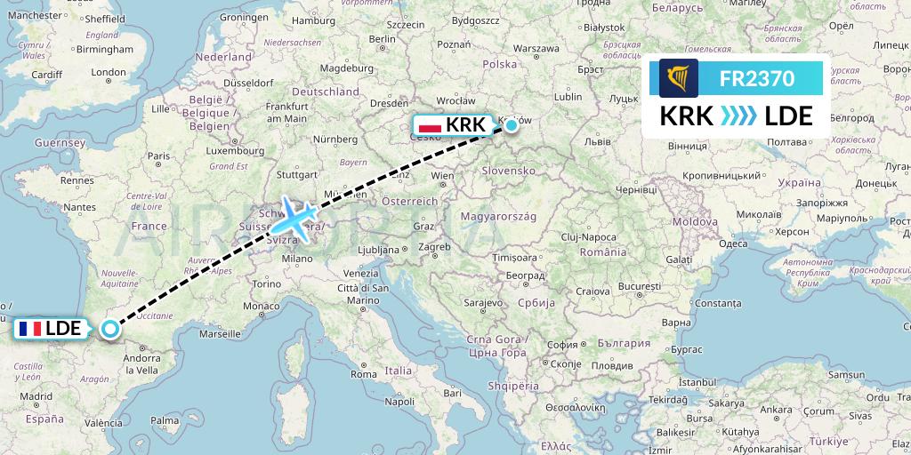 FR2370 Ryanair Flight Map: Krakow to Tarbes