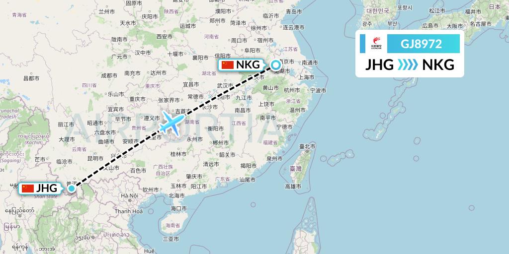 GJ8972 Loong Airlines Flight Map: Jinghong to Nanjing